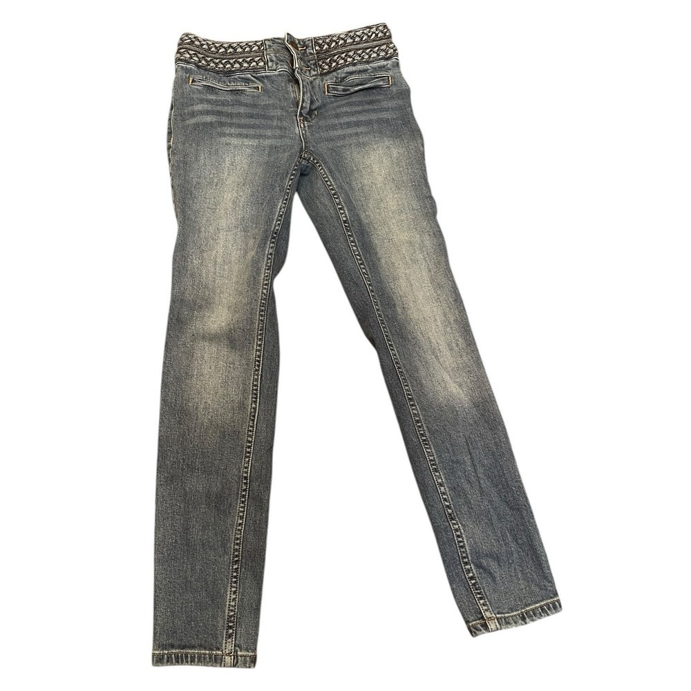 Free People Mid Rise Braided‎ Skinny Jeans Women Size 25 Boho Hippie Festival